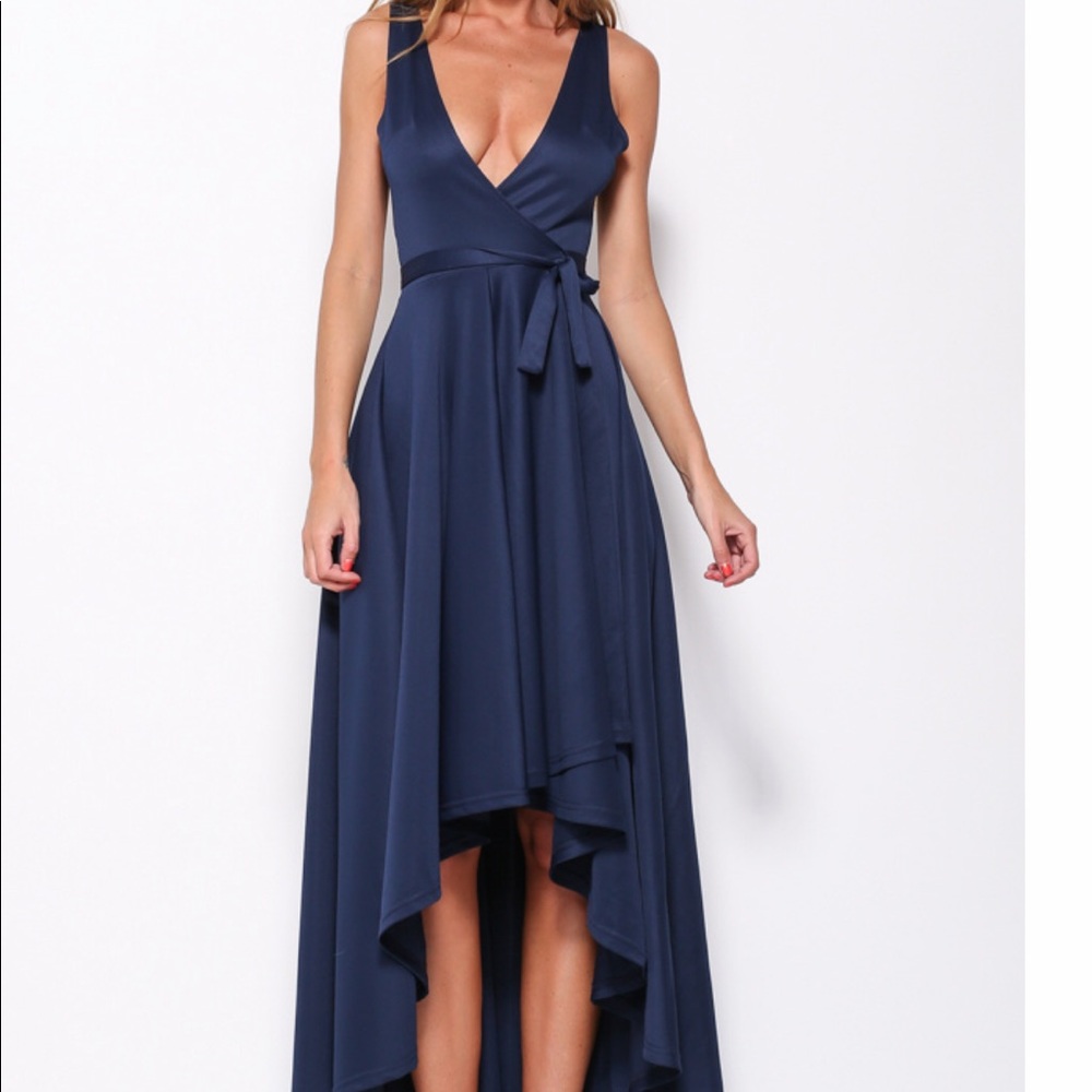 Navy high low, wrap dress